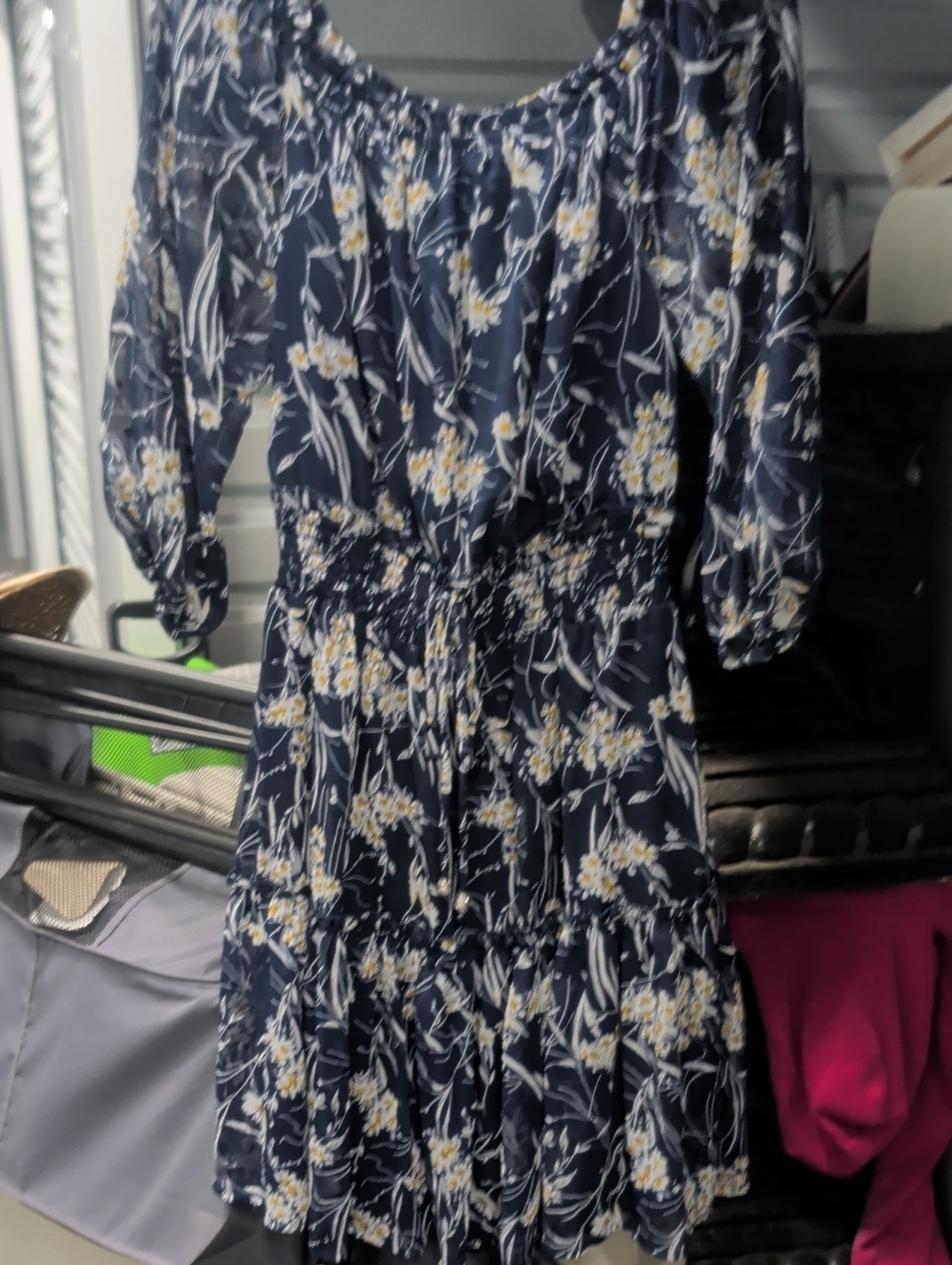Navy Floral Off-Shoulder Tiered Midi Dress